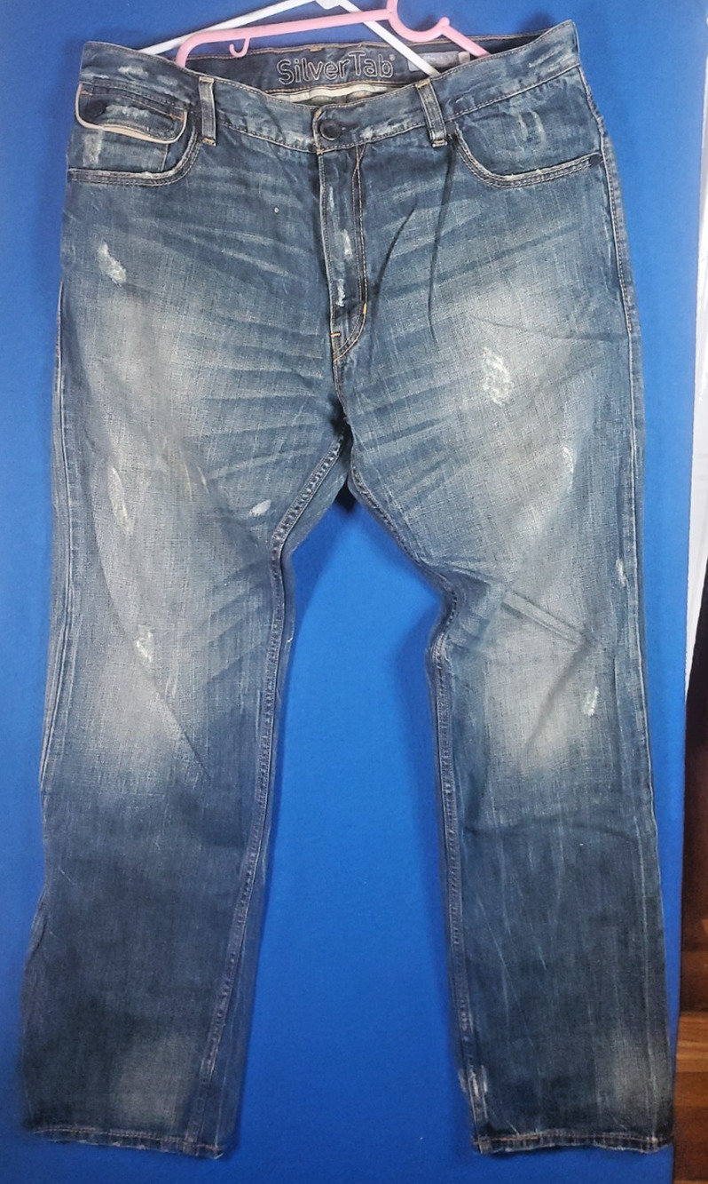 Vtg Levis Silver Tab Slim Straight Jeans Mens 38x32 Blue Distressed Faded Denim